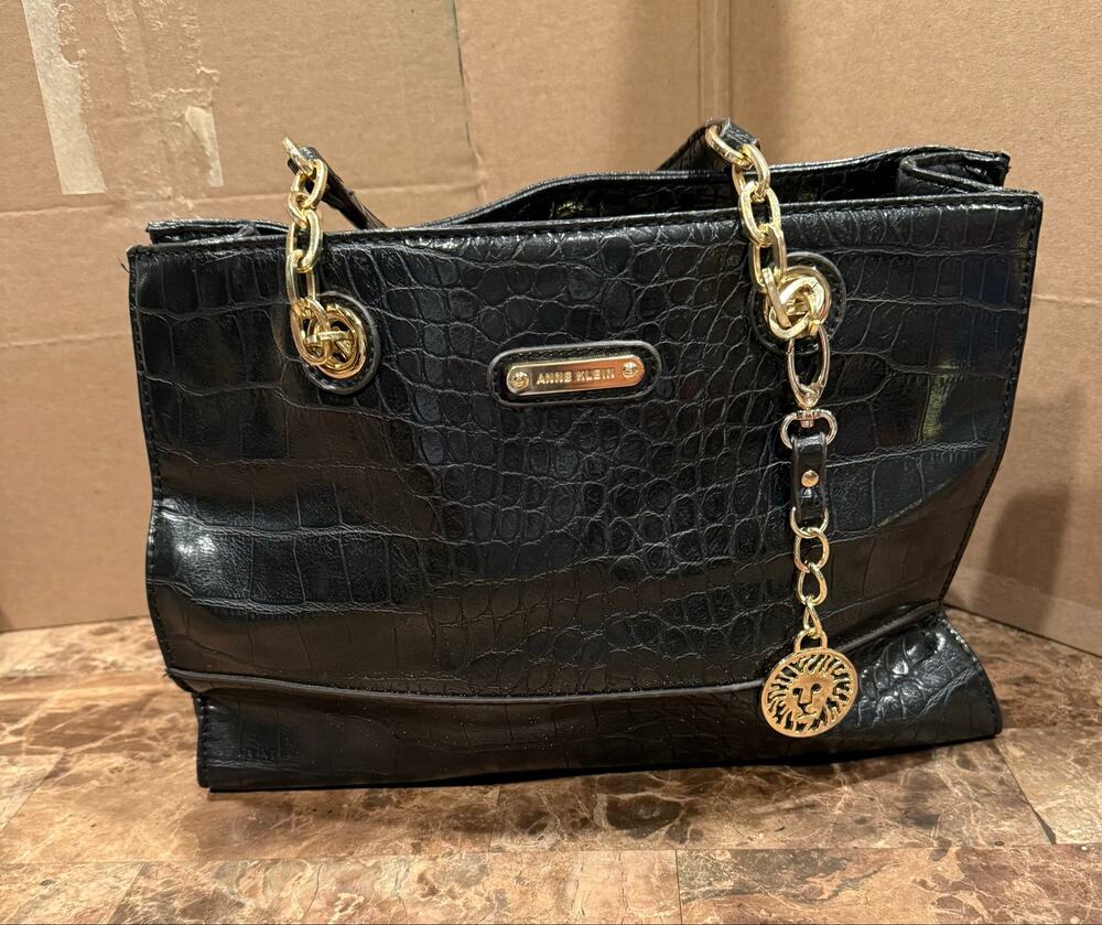 Anne Klein Longboom Satchel Tote Purse Black Faux Leather Magnet Closure.